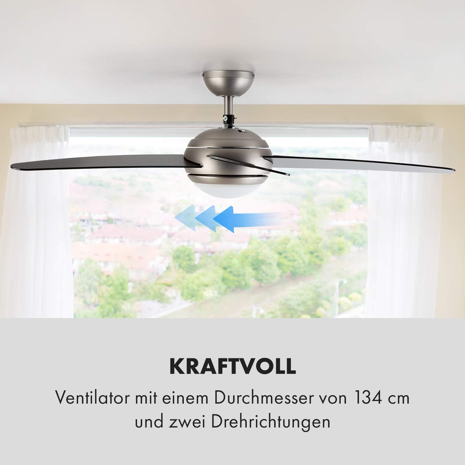 Klarstein Bolero - 2-in-1-Deckenventilator 134cm durchmessender Ventilator, Leuchte 55W Leistung, Holzflügel, Fernbedienung, 50 dB, 3 Drehgeschwindigkeiten: schnell, mittel, langsam, schwarz