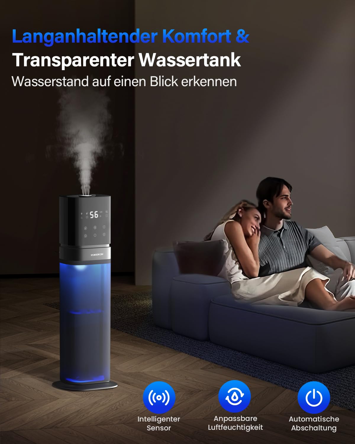 YOKEKON Luftbefeuchter, Luftbefeuchter Schlafzimmer, Kalt Nebel Befeuchter für große Räume, humidifier, 8L Ultraschall befeuchter für das Haus, Top Füllen, Erweitertes Tube, Stille Pflanze Büro, blau