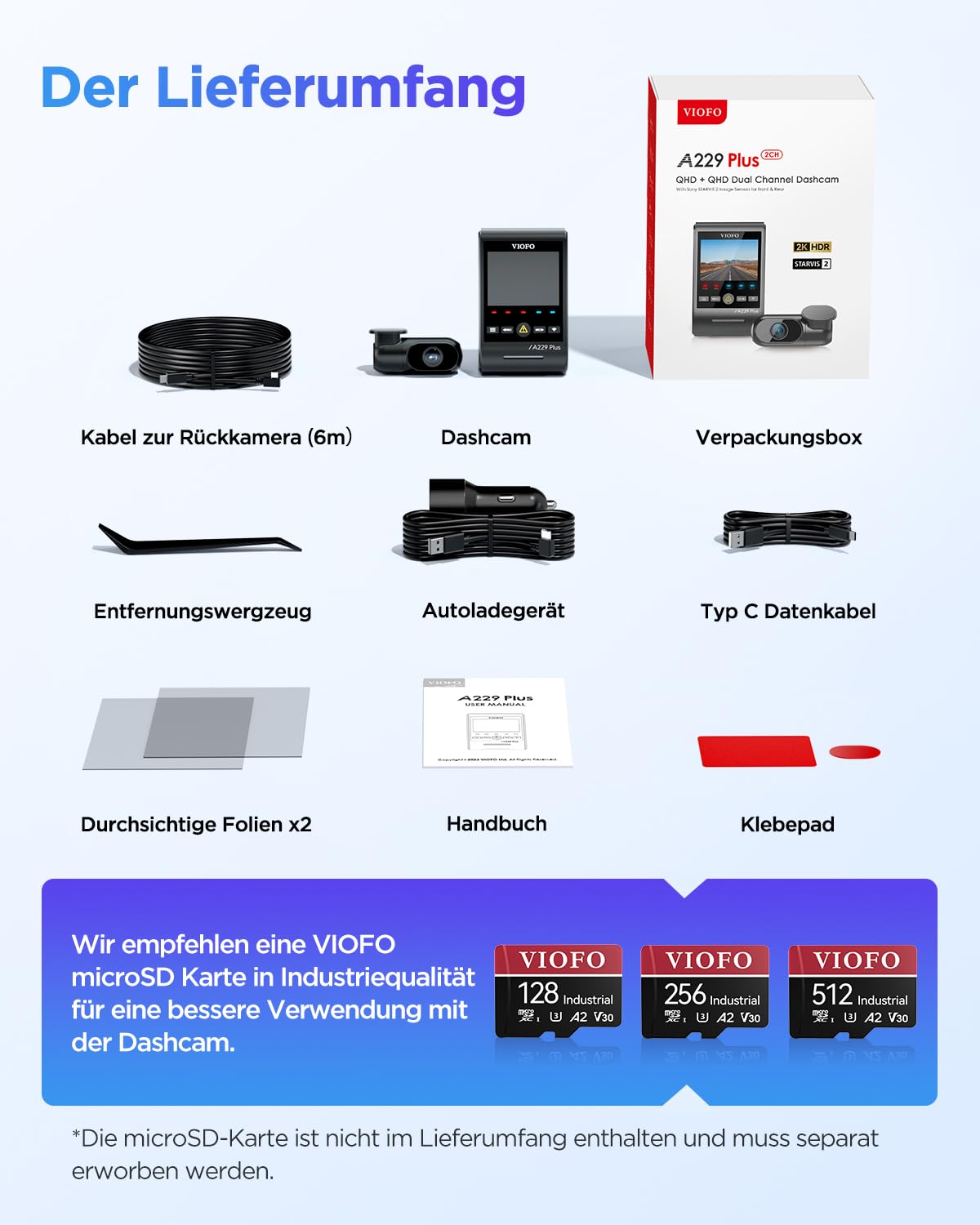 VIOFO A229 Pro 4K + 2K Dual STARVIS 2, HDR Vorne hinten Dashcam Auto, Sprachsteurung & 5GHz Wi-Fi Wlan Autokamera, Ultrapräzises GPS mit CPL Filter, Super Nachtsicht 2.0, Sprachausgabe, bis 512 GB Max
