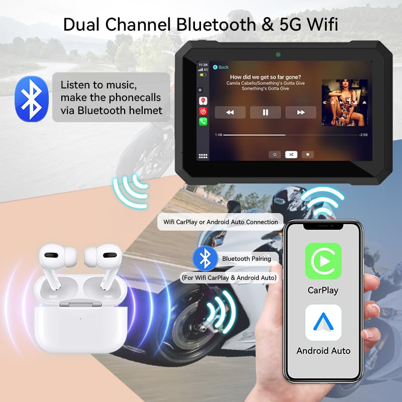 Sunweyer Motorrad Carplay und Android Auto Tragbare Drahtlose GPS Navigation 7 Zoll IPX7 Wasserdicht Touchscreen 5G Dual Bluetooth