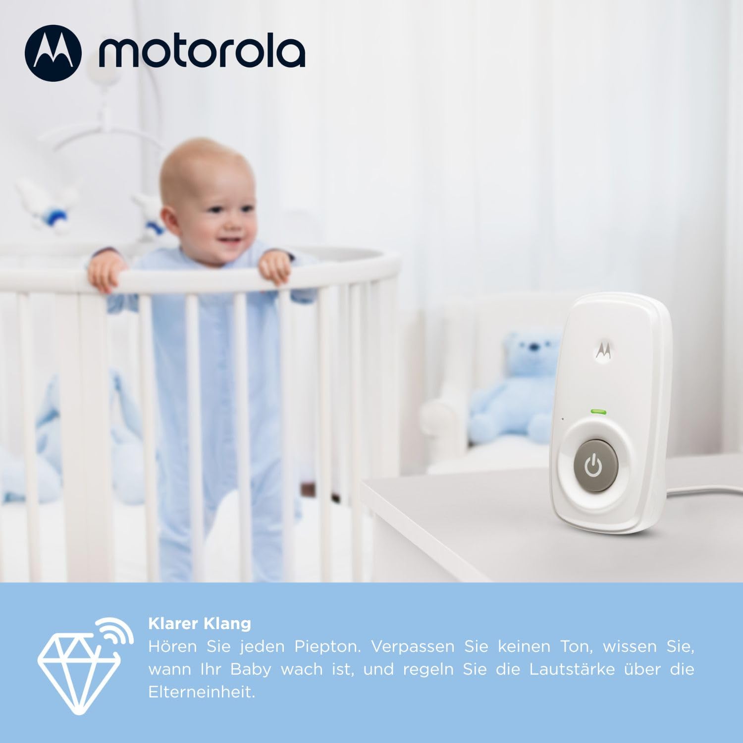 Motorola Nursery AM21 Audio-Babyphone – Digitaler Monitor mit DECT-Technologie zur Audioüberwachung – große Reichweite – hochempfindliches Mikrofon – Weiß