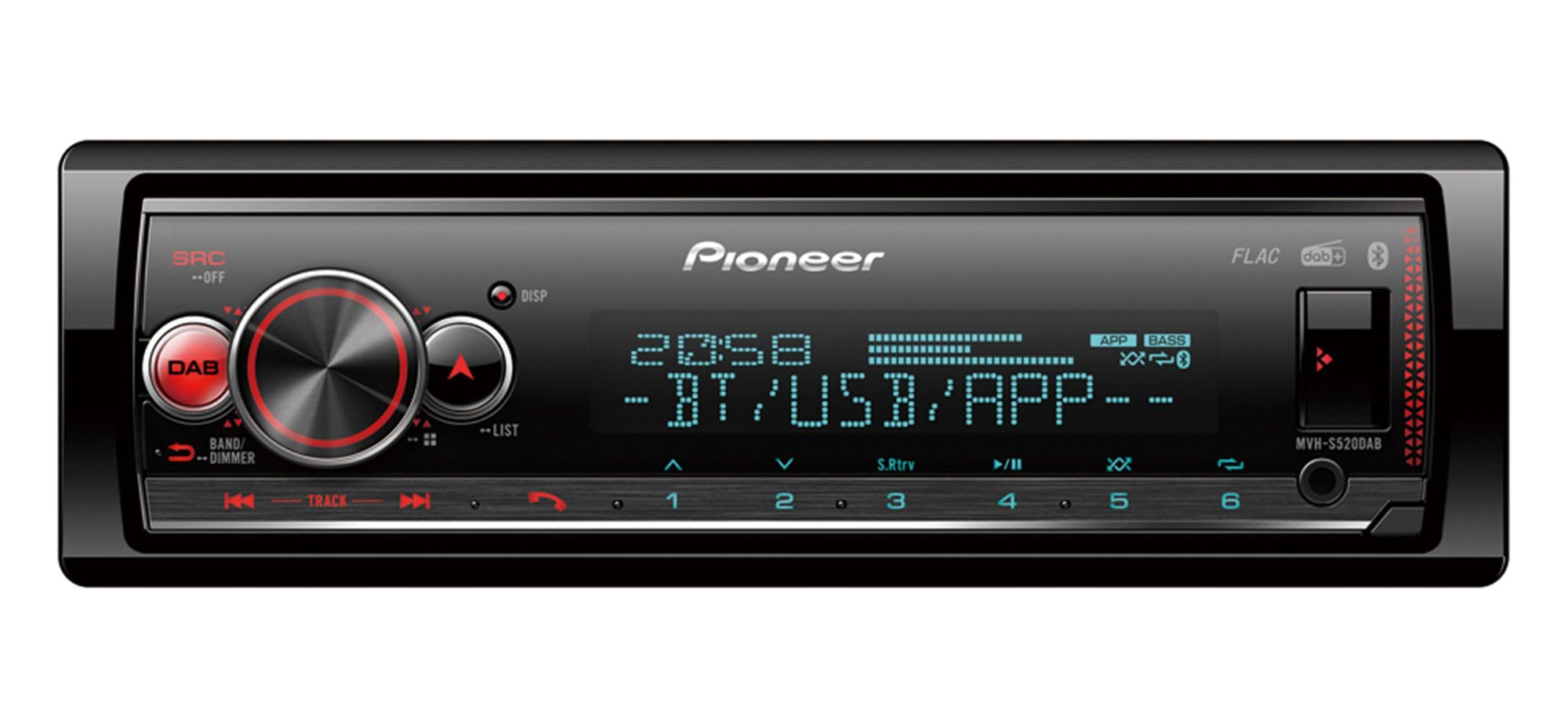 Pioneer MVH-S520DAB, 1DIN Autoradio mit RDS und DAB+, RGB-Beleuchtung, deutsche Menüführung, Bluetooth, USB, iPod/iPhone-Direktsteuerung, Freisprecheinrichtung, Smart Sync, vario color
