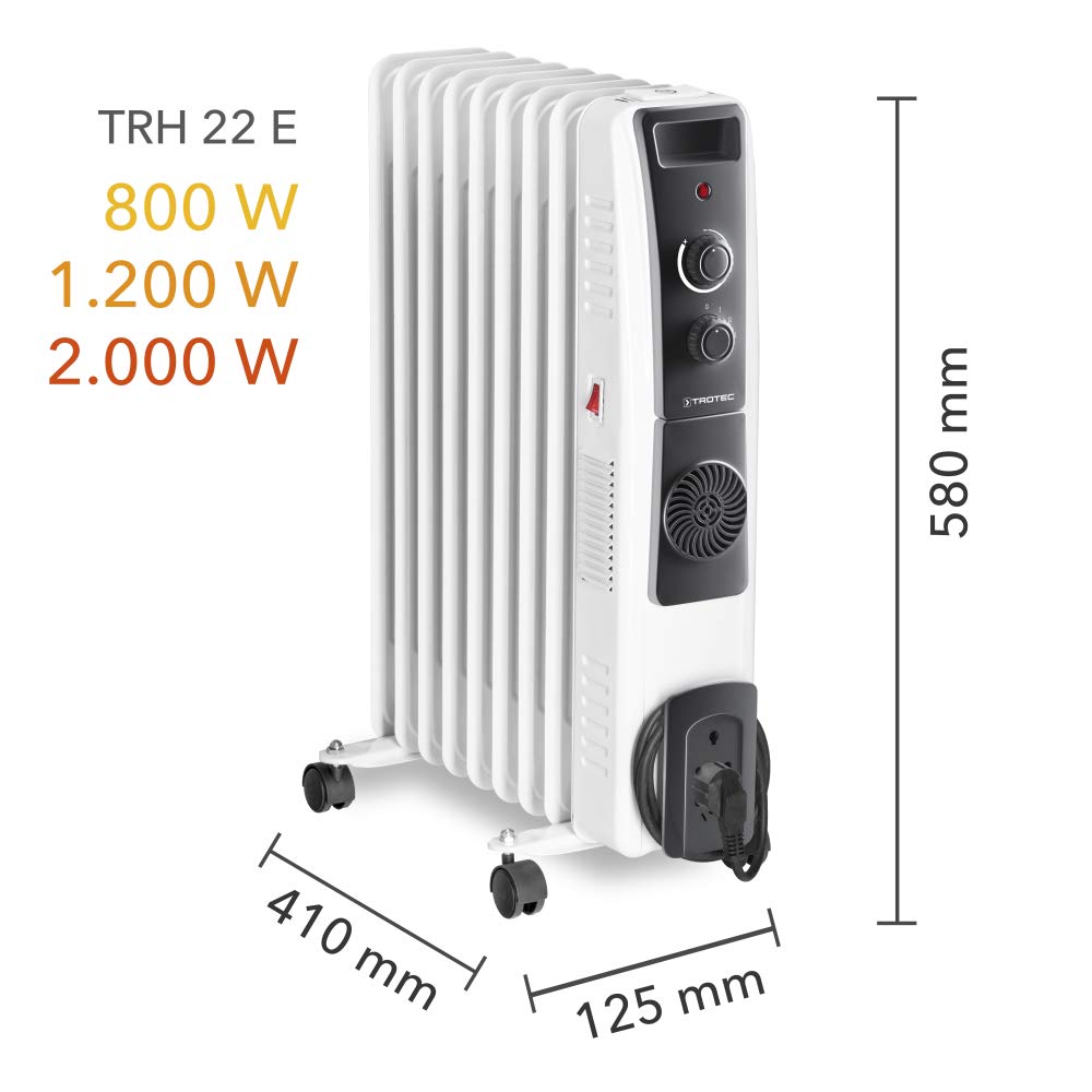 TROTEC Ölradiator TRH 22 E – 2.400 W, 3 Heizstufen, Turbogebläse mit PTC-Heizelement, Thermostat, Frostwächter-Funktion, Überhitzungs- & Kippschutz, mobil