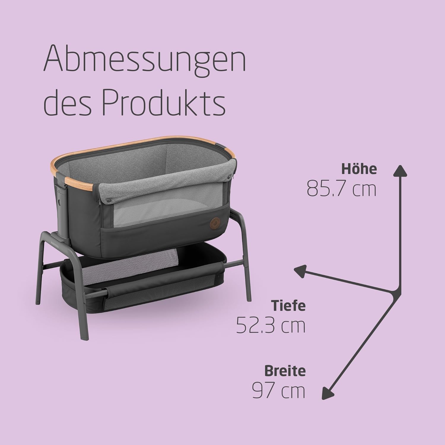 Maxi-Cosi Iora Beistellbett Baby, Faltbares Co-Sleeper, 0–6 Monate, max. 9 kg, 4 Neigungs- und 5 Höhenstufen, Leichtes Schieben, Bequeme Matratze, Großer Korb, Leicht zu Tragen, Essential Graphite