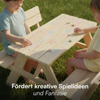 Bellabino Inny Kindersitzgruppe für 4 Kinder – Kindertisch mit 2 Bänken mit Lehne – Sitzbank Outdoor 30cm Höhe – Kinder Sitzgruppe in Natur aus Kiefernholz unbehandelt – Kinderbank für den Garten