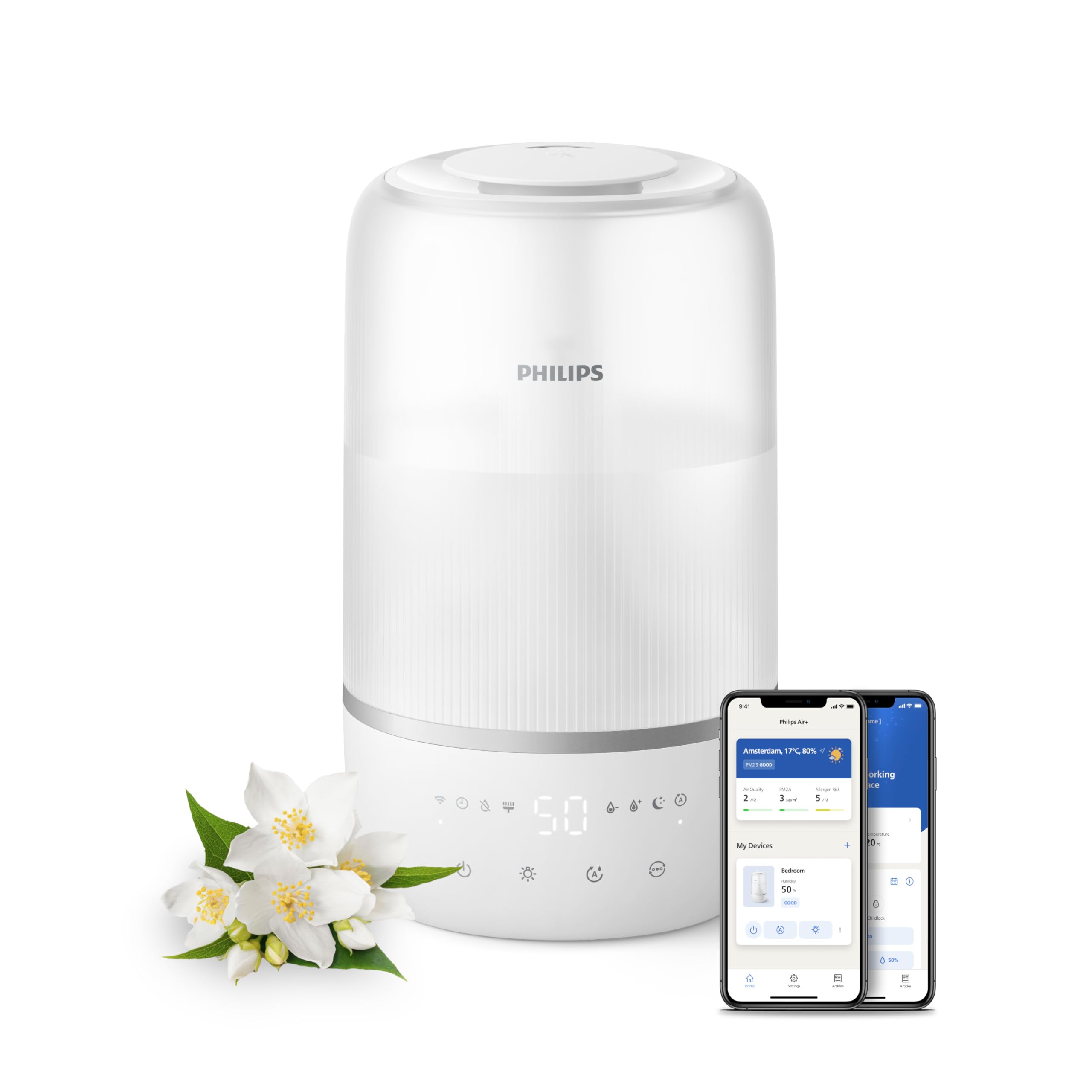 Philips Smart Humidifier - kompakt und dennoch leistungsstark mit himmelhohem Nebel, Aromatherapie, leise mit Schlaffunktion und Nachtlicht, für (Schlaf-) Räume bis zu 38 m² (HU1509/00)