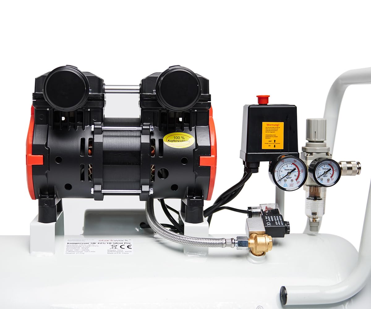 Starkwerk Flüsterkompressor Druckluftkompressor Kompressor Silent 69 dB SW 425/10 Pro Ölfrei 10 Bar 50 Liter Kessel 1100 Watt inklusive Druckminderer und Wasserabscheider