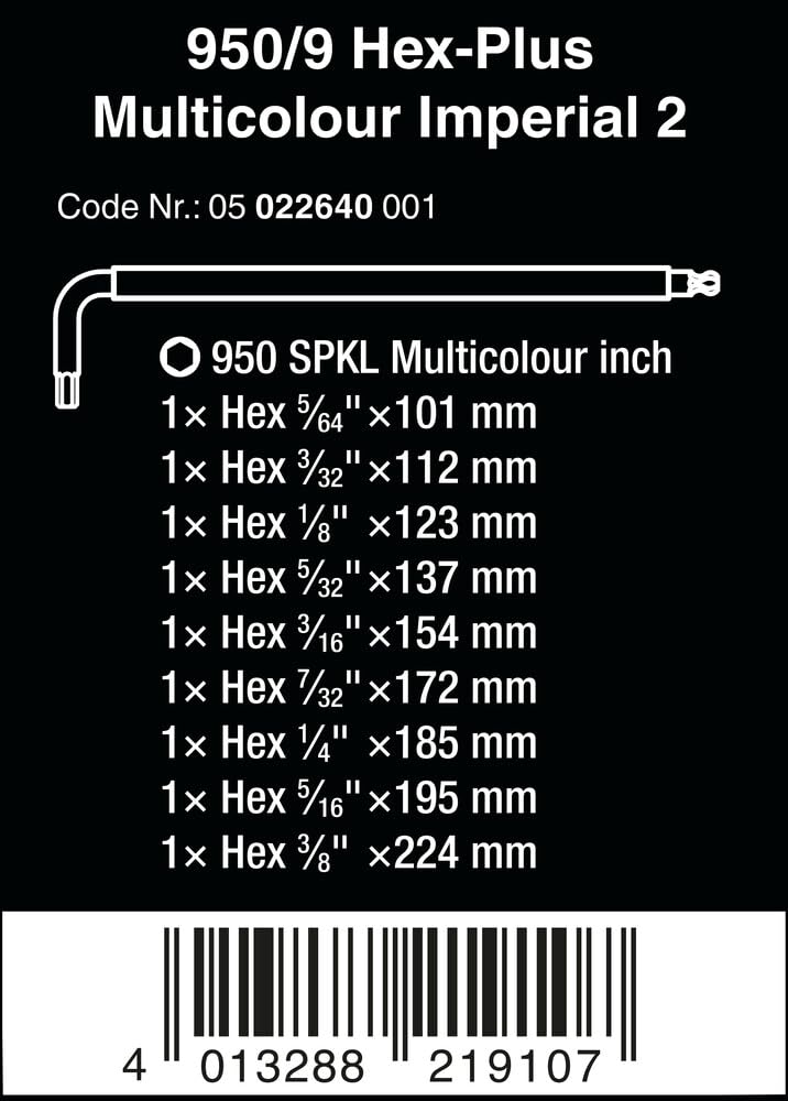 Wera 05022640001 950/9 Hex-Plus Multicolour Imperial 2, Winkelschlüsselsatz, zöllig, BlackLaser, 9-teilig
