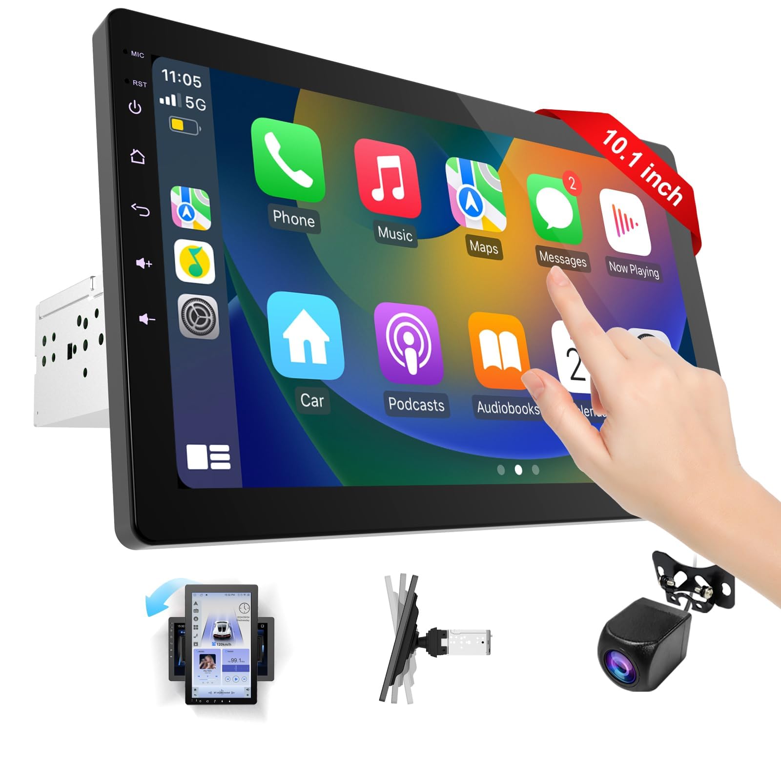 Haudio 1Din Autoradio, mit 10.1 Zoll drehbar Bildschirm,Kompatibel mit Wireless Apple CarPlay und Android Auto,Car Play IPS Touch Screen,1080P-Rückfahrkamera,Bluetooth 5.0,GPS-Navigation,FM