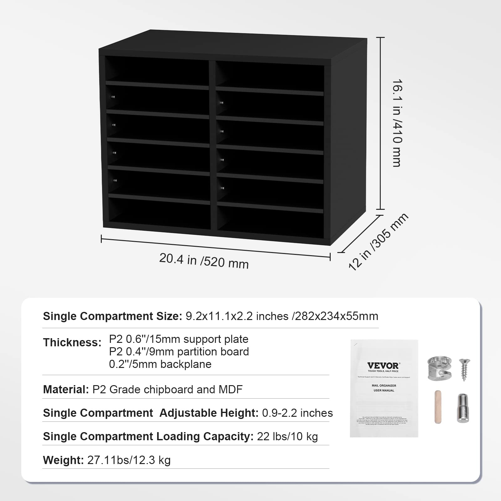 VEVOR Briefablage Schreibtisch Organizer 520 x 305 x 410 mm, 2,3–5,6 cm Einstellbar A4 Stapelbar Quer, Papierablage, Aufbewahrung Schreibtisch Ablagesystem Organisation, Ablage (Schwarz, 2 x 6 Fächer)