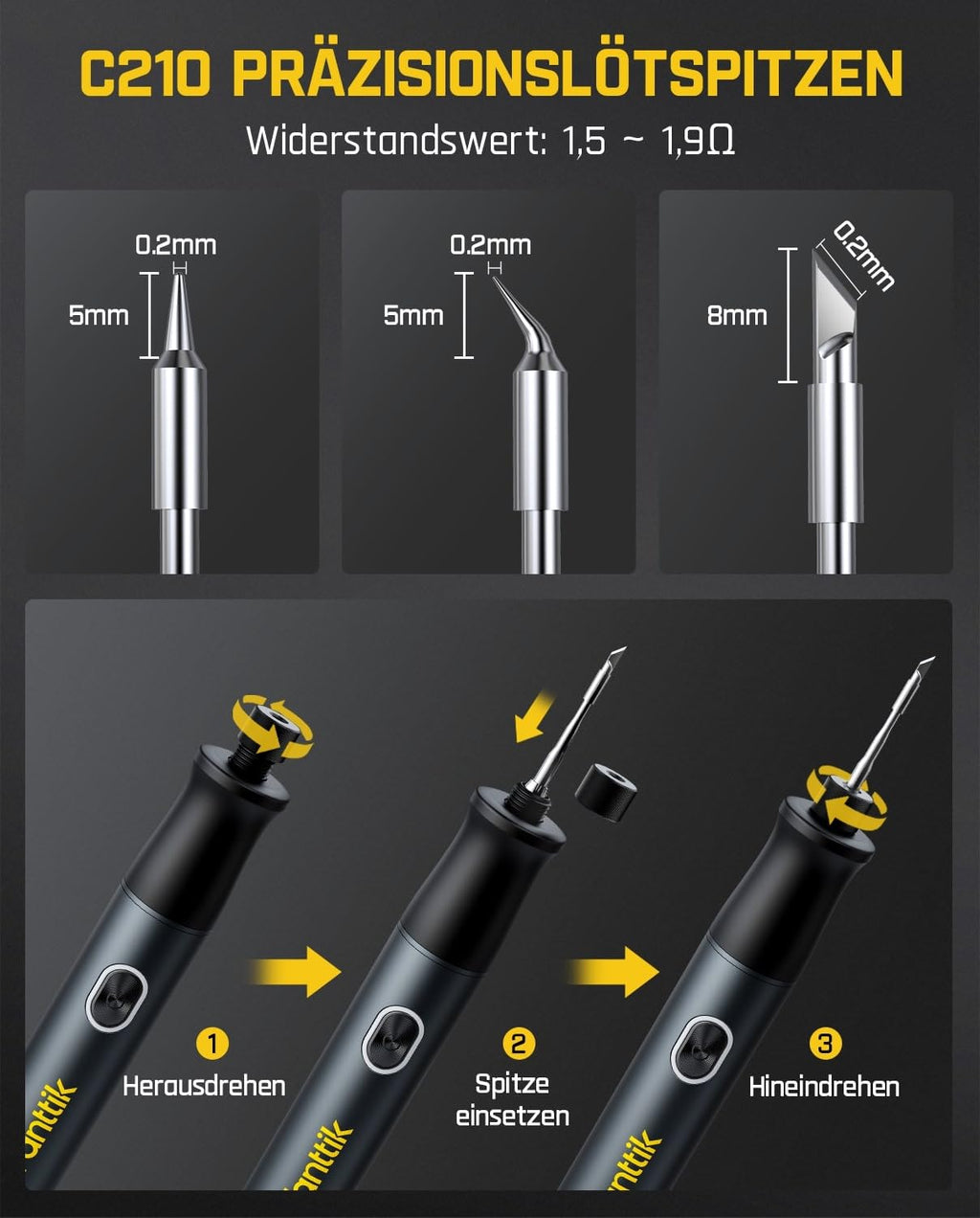 Fanttik T1 Max Präzisions Lötkolben Set, 7 Sek. schnelles Aufheizen，6 Temperatur Einstellbar 200~450 ℃, 4 Lötspitzen (C210), 360° drehbarer Ständer, Lötkolben für Reparaturen