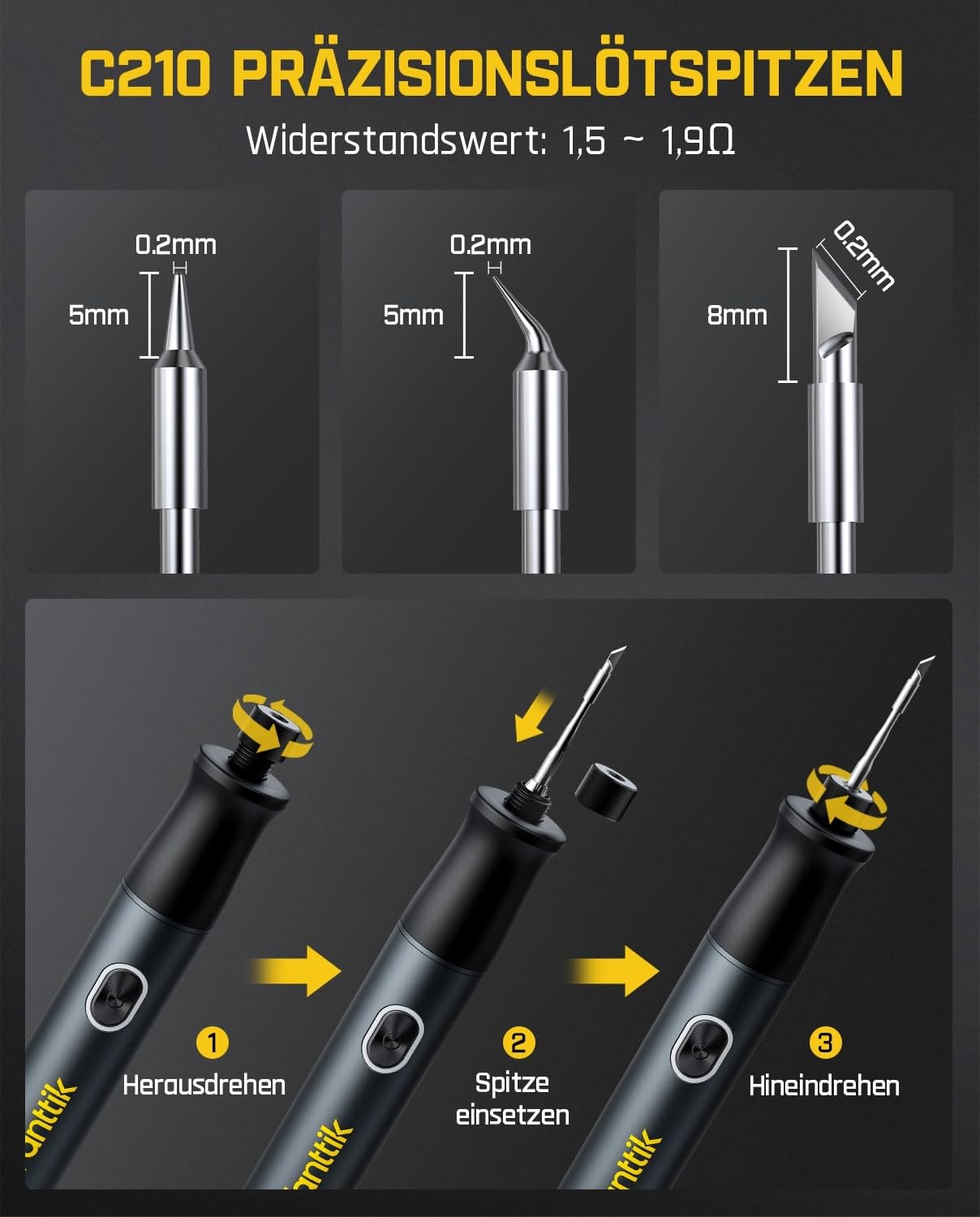 Fanttik T1 Max Präzisions Lötkolben Set, 7 Sek. schnelles Aufheizen，6 Temperatur Einstellbar 200~450 ℃, 4 Lötspitzen (C210), 360° drehbarer Ständer, Lötkolben für Reparaturen