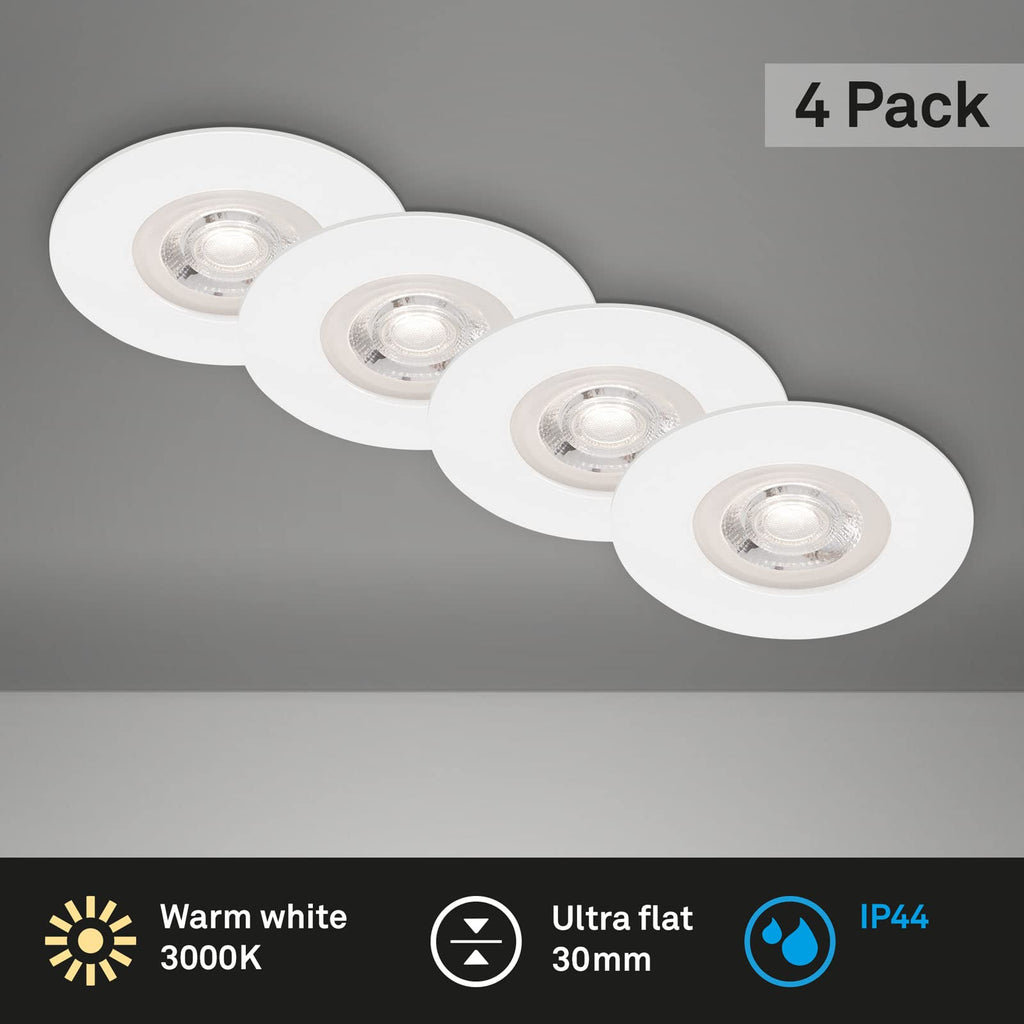 BRILONER - 4er Set Einbauleuchten Decke LED, Einbaulampen ultraflach, Einbaustrahler Bad, Badeinbaustrahler IP44, 4,9 Watt, 480 Lumen, Badezimmer, warmweiße Lichtfarbe, 90x25 mm (DxH), Weiß