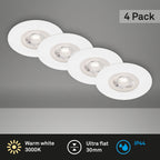 BRILONER - 4er Set Einbauleuchten Decke LED, Einbaulampen ultraflach, Einbaustrahler Bad, Badeinbaustrahler IP44, 4,9 Watt, 480 Lumen, Badezimmer, warmweiße Lichtfarbe, 90x25 mm (DxH), Weiß
