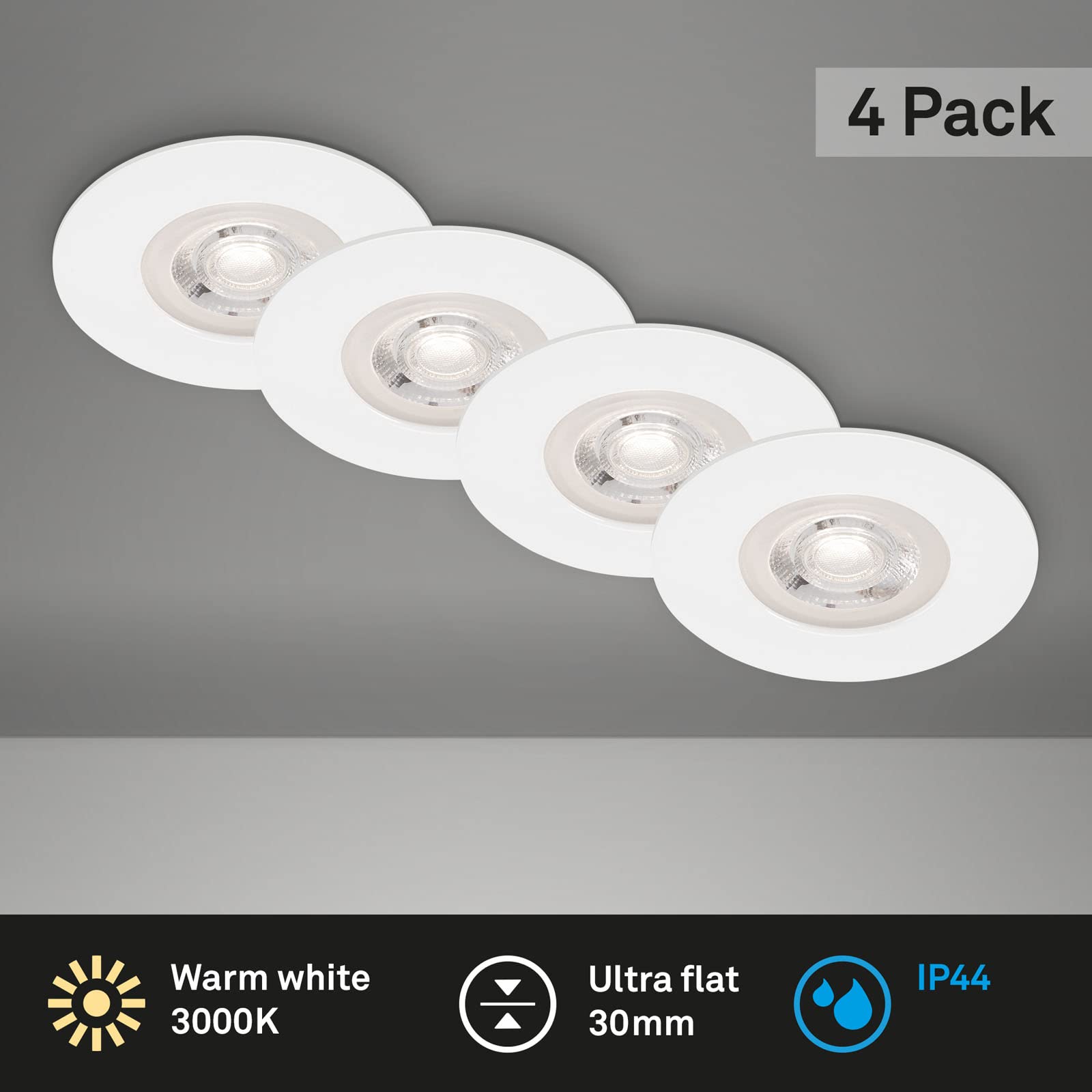 BRILONER - 4er Set Einbauleuchten Decke LED, Einbaulampen ultraflach, Einbaustrahler Bad, Badeinbaustrahler IP44, 4,9 Watt, 480 Lumen, Badezimmer, warmweiße Lichtfarbe, 90x25 mm (DxH), Weiß