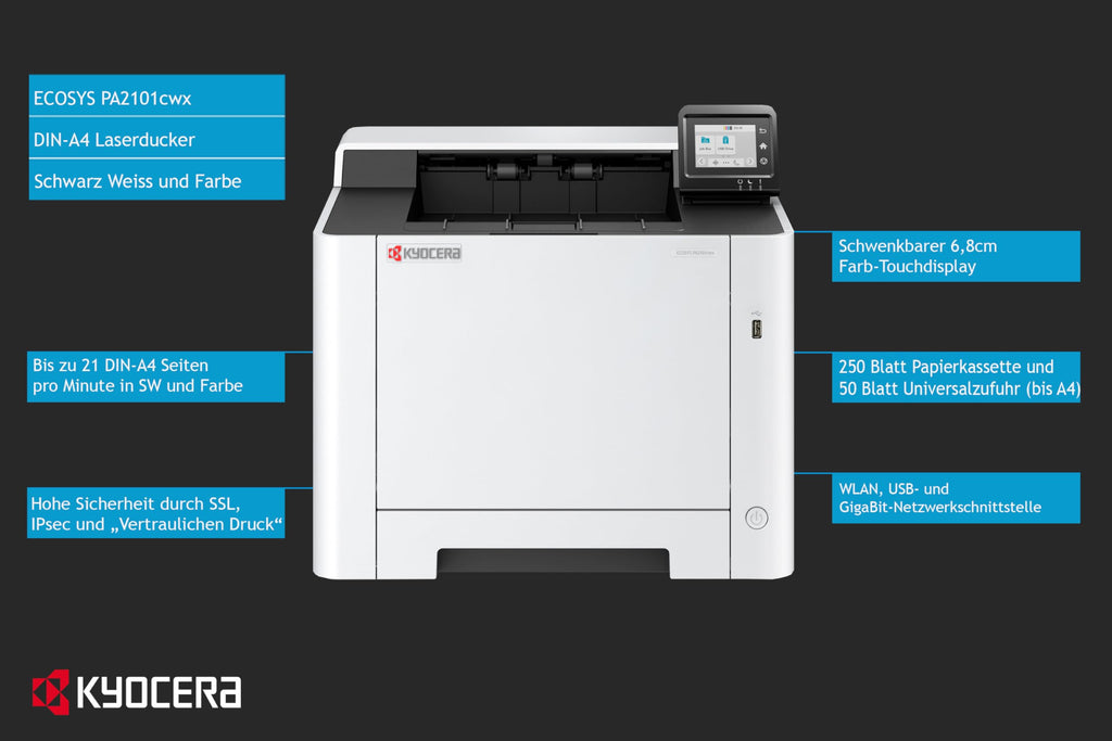 Kyocera Ecosys PA2101cwx Laserdrucker Farbe. Farbdrucker 21 Seiten pro Minute. Laserdrucker WLAN. Farblaserdrucker inkl. schwenkbarem Touchpanel und Mobile-Print-Unterstützung