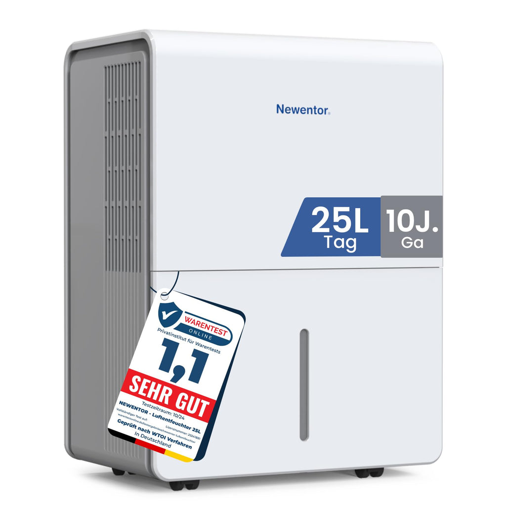 Newentor Luftentfeuchter elektrisch 25L, Entfeuchter elektrisch keller, Raumentfeuchter elektrisch, Dehumidifiers for home für 215m³/80m², mit Timer, Filter, Ablaufschlauch, 10 J. Gar.