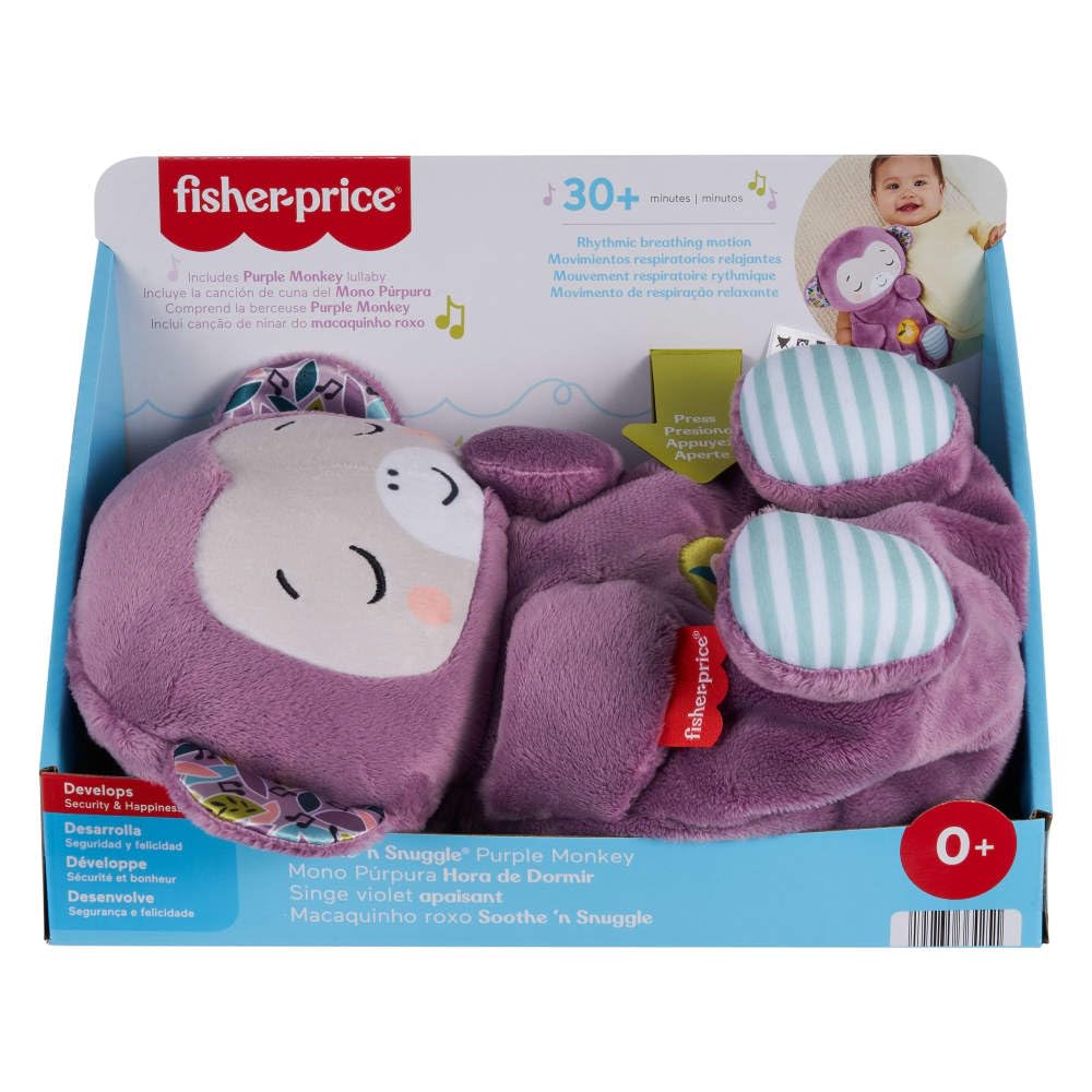 Fisher-Price Baby-Spielzeug Lila Schlummer-Affe, tragbare Plüsch-Spieluhr mit Atembewegungen und Lichtern für Neugeborene ab einem Alter von 0 Monaten, JLH41