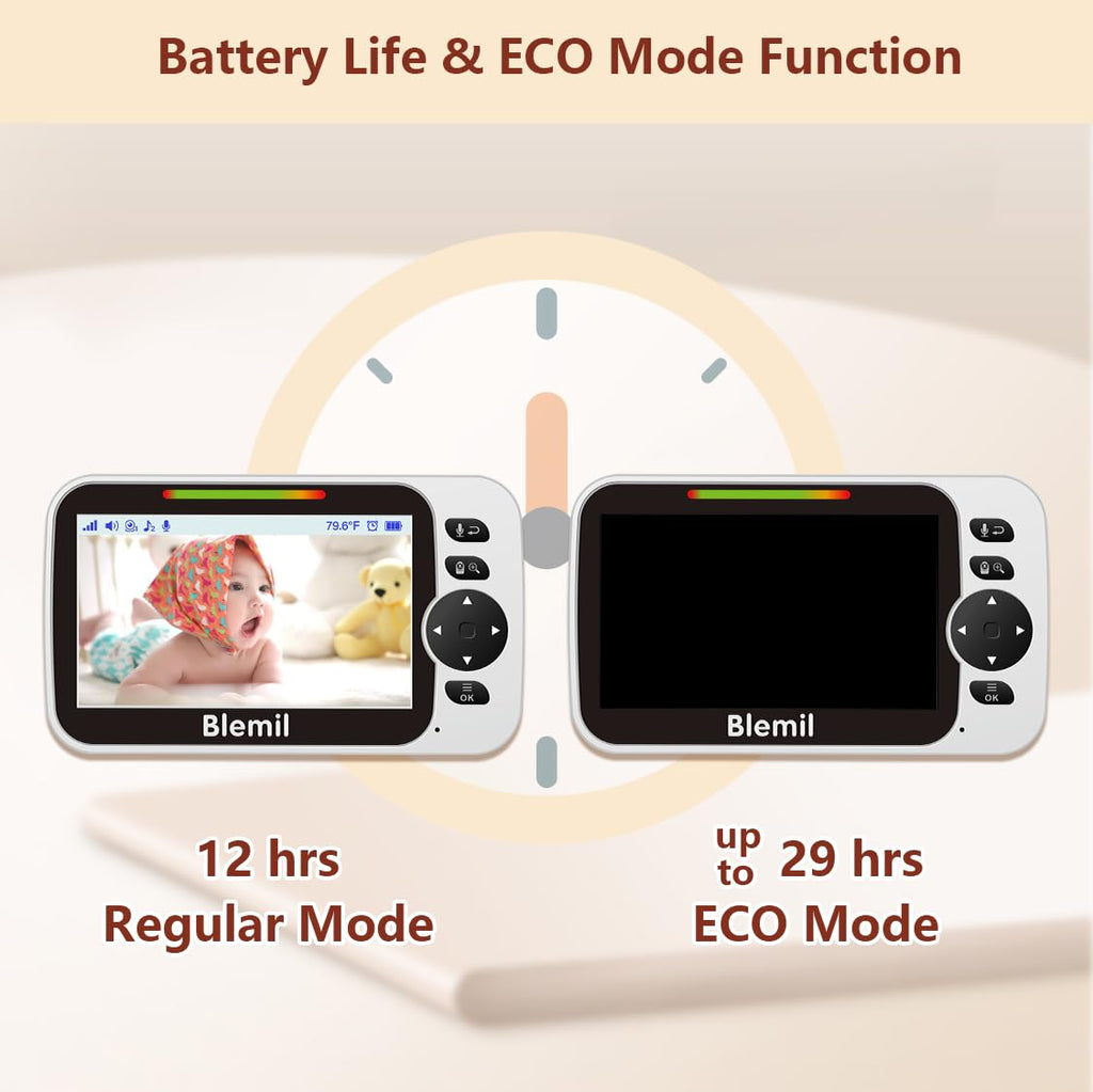 Blemil Babyphone mit Kamera und Audio 30 Stunden wiederaufladbare Batterie, 5" großer Bildschirm, ferngesteuerte Schwenk-/Neige-/Zoom-Kamera, Zwei-Wege-Gespräch, Nachtsicht, kein WiFi