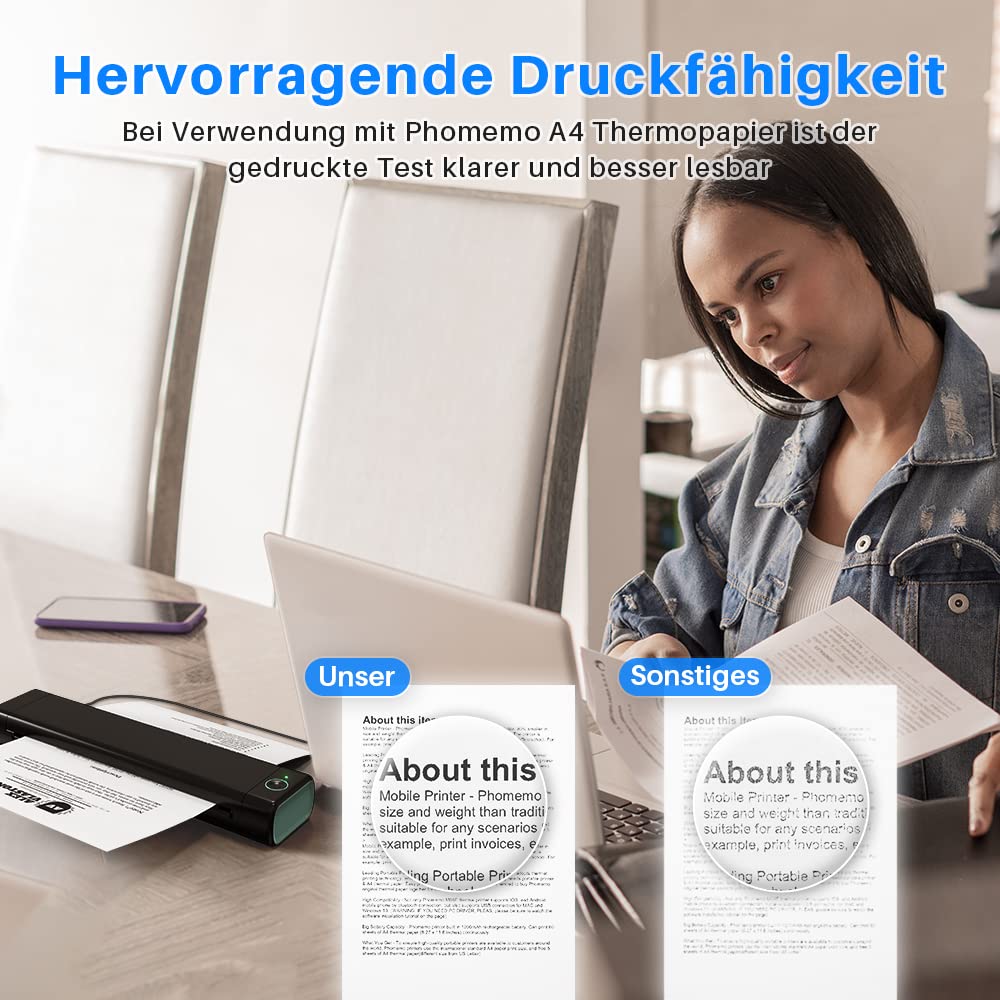 Phomemo M08F Thermodrucker A4 Mobiler Bluetooth Drucker, Tragbarer Wireless Printer für Unterwegs Kompatibel Android iOS, Thermopapier Drucker, Schwarz Grün