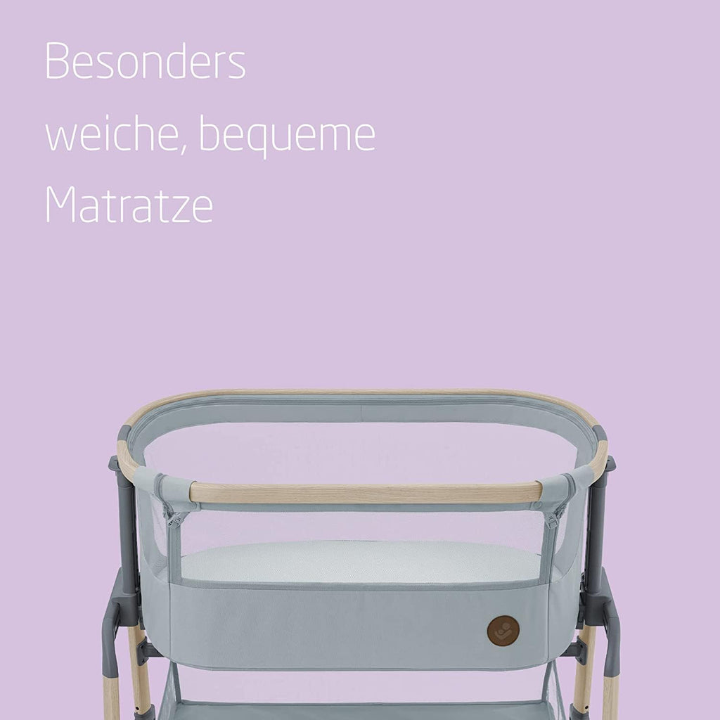 Maxi-Cosi Iora Air Beistellbett Baby, Co-Sleeper mit Allround-Netzgewebe, 0–6 Monate (9 kg), Schaukelmodus,5 Höhenstufen, Leichtes Schieben, Leicht zu Tragen, 2 Räder, Beyond Grey
