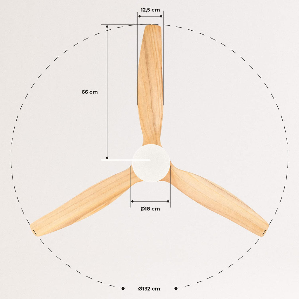 CREATE / WINDCALM M/Deckenventilator ABS mit Beleuchtung Weiß Hellesholzflügel-Optik mit Fernbedienung / 40W, Leise, Ø132cm, 6 Geschwindigkeiten, Timer, DC-Motor, Sommer-Winterbetrieb