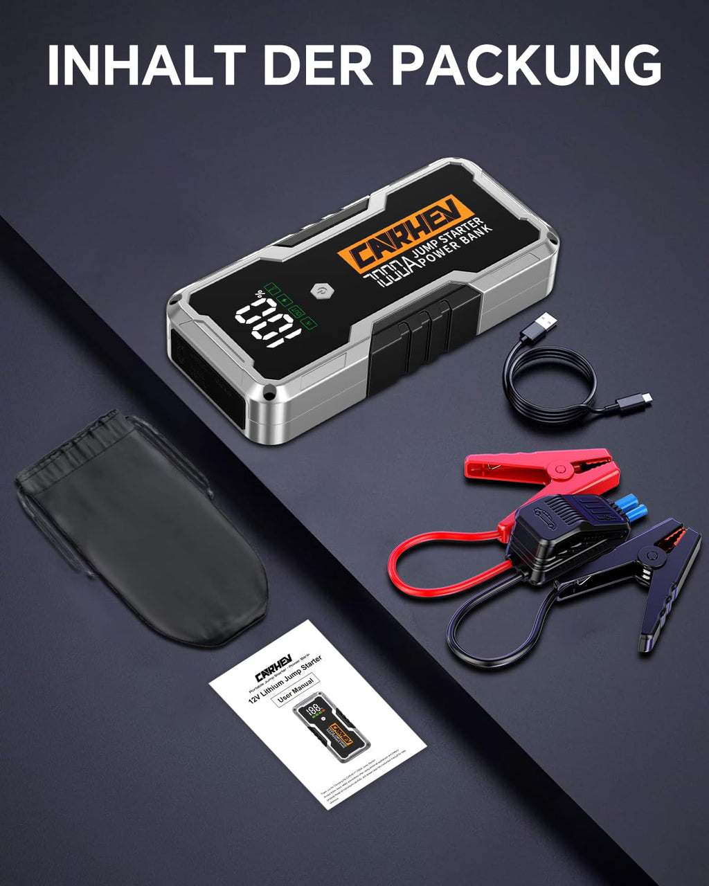 CARHEV 7000A Starthilfe Powerbank für Pkw, 12V Auto Starthilfe Powerbank (Bis Zu 10,0L Benzin Oder 10,0L Diesel), Auto Starter Powerbank mit QC 3.0 USB Ausgänge, Batterie Jump Starter mit LED