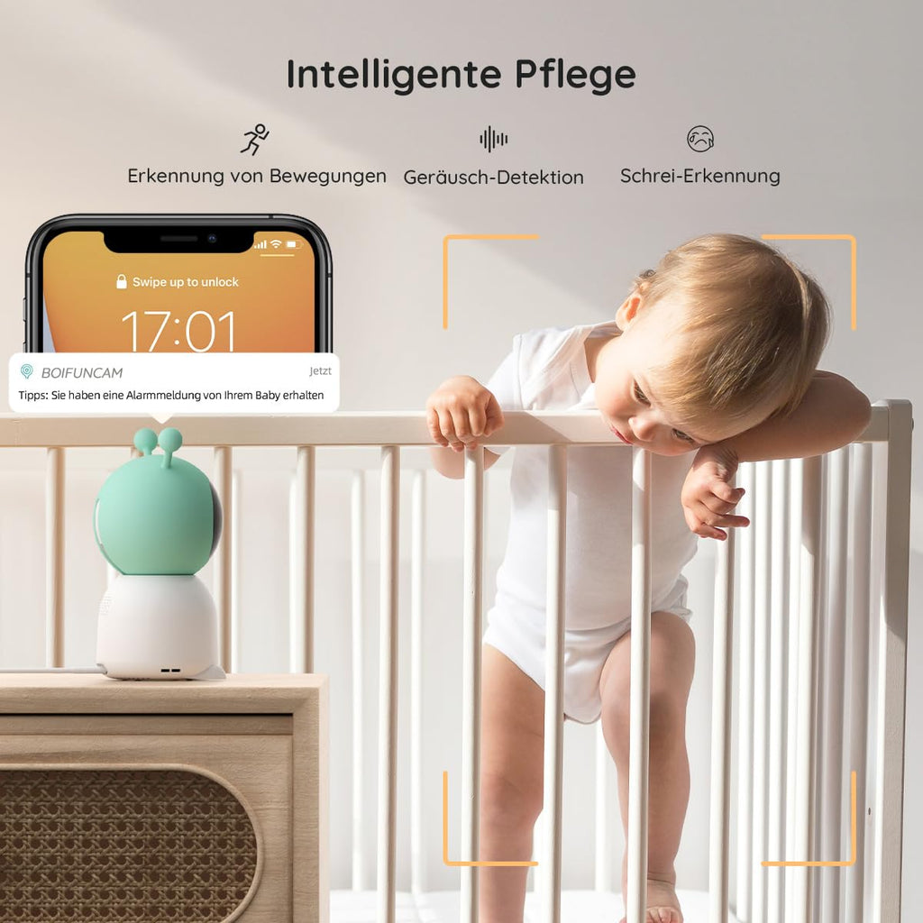 BOIFUN Babyphone mit 2 Kamera App, 2K QHD Bild, 355° Schwenken-60° Neige, 4×Zoom, Automatische Verfolgung, Weinen/Bewegungs/Geräuscherkennung, Temperatur und Feuchtigkeitsmessung
