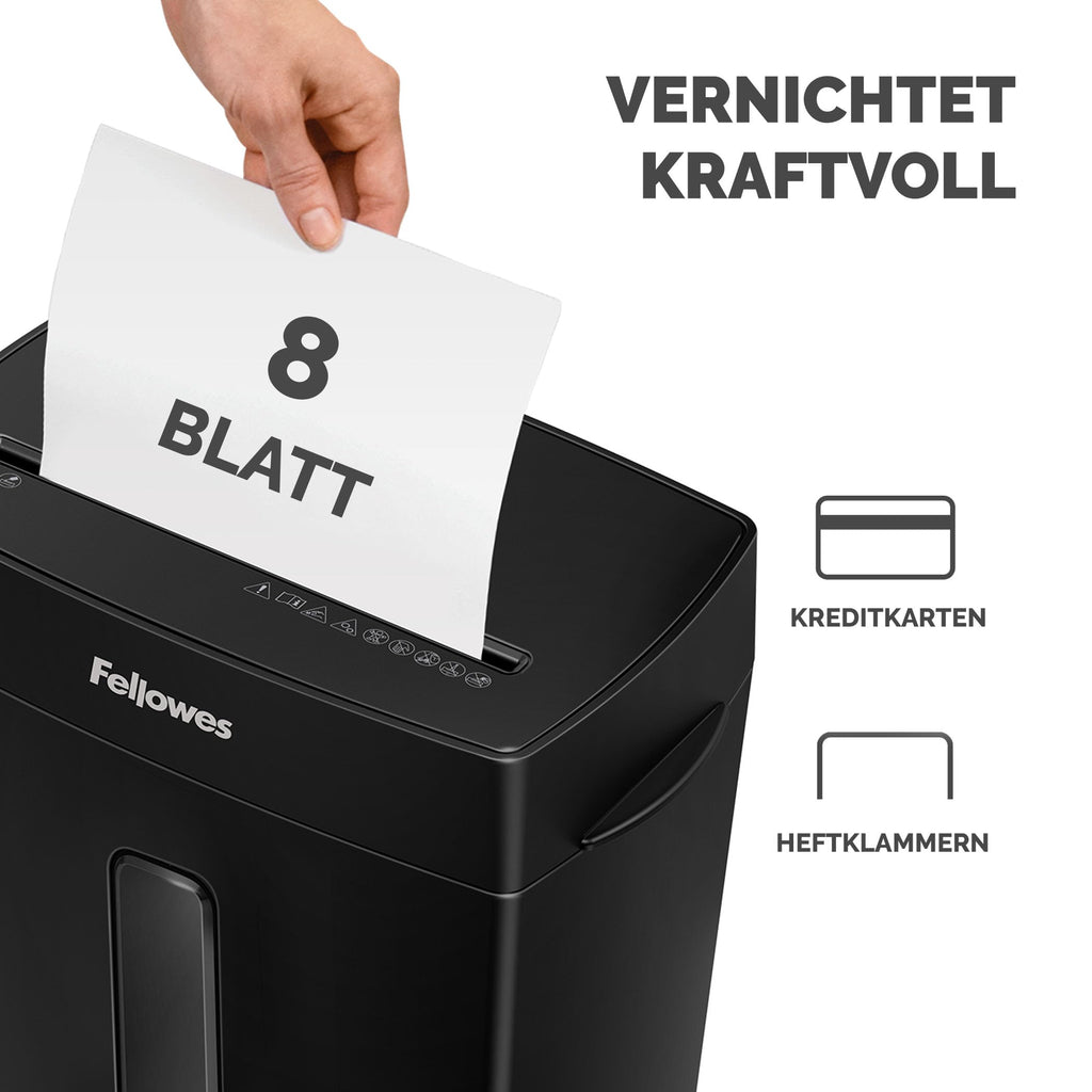 Fellowes Aktenvernichter, Papierschredder für 8 Blatt Partikelschnitt, Aktenvernichter P4, Schredder für Zuhause und Homeoffice, 15L Papierkorb, verarbeitet Kreditkarten, Heftklammern, Schwarz