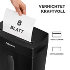 Fellowes Aktenvernichter, Papierschredder für 8 Blatt Partikelschnitt, Aktenvernichter P4, Schredder für Zuhause und Homeoffice, 15L Papierkorb, verarbeitet Kreditkarten, Heftklammern, Schwarz