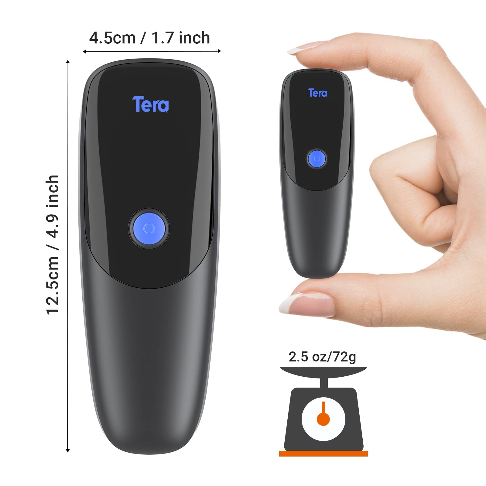 Tera Pro Series 2D QR 3-in-1 Portable Mini Barcode Scanner Bluetooth & USB Cable & 2.4G Wireless with Time Prefix/Suffix, 1200 mAh Better Efficiency, Model 1300 Blue