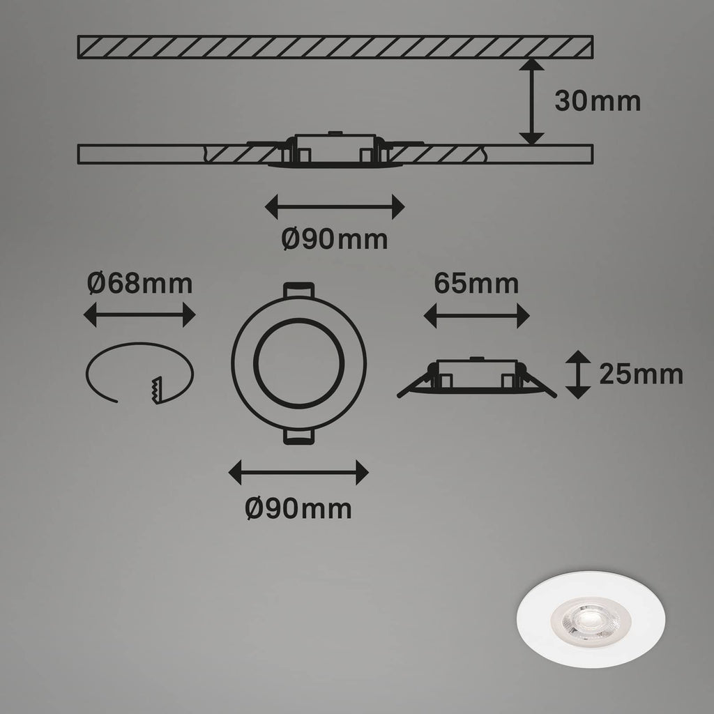 BRILONER - 4er Set Einbauleuchten Decke LED, Einbaulampen ultraflach, Einbaustrahler Bad, Badeinbaustrahler IP44, 4,9 Watt, 480 Lumen, Badezimmer, warmweiße Lichtfarbe, 90x25 mm (DxH), Weiß