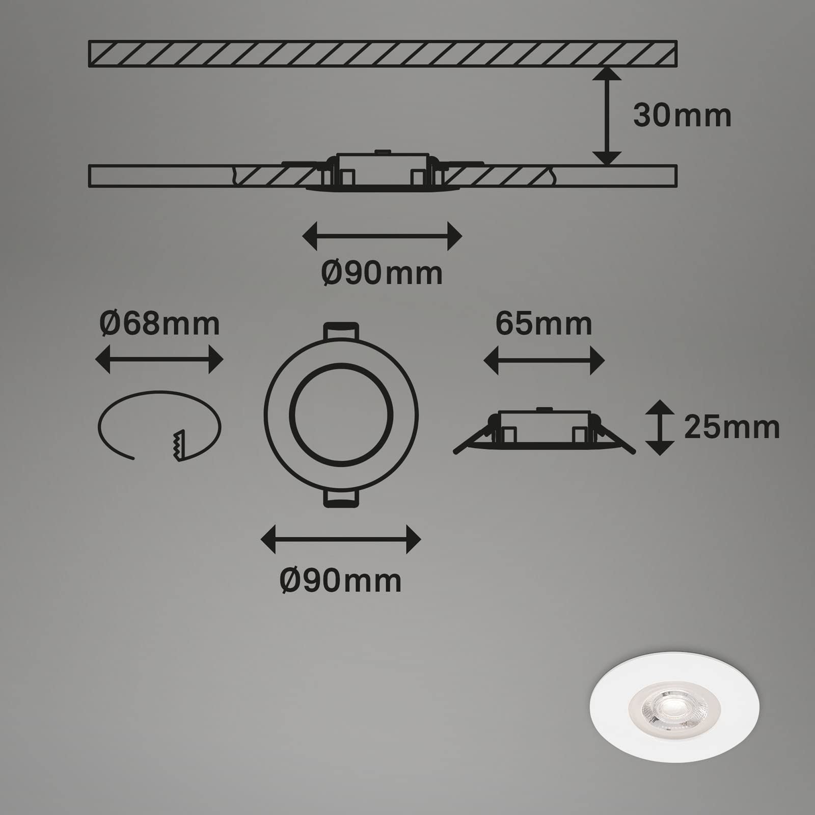 BRILONER - 4er Set Einbauleuchten Decke LED, Einbaulampen ultraflach, Einbaustrahler Bad, Badeinbaustrahler IP44, 4,9 Watt, 480 Lumen, Badezimmer, warmweiße Lichtfarbe, 90x25 mm (DxH), Weiß