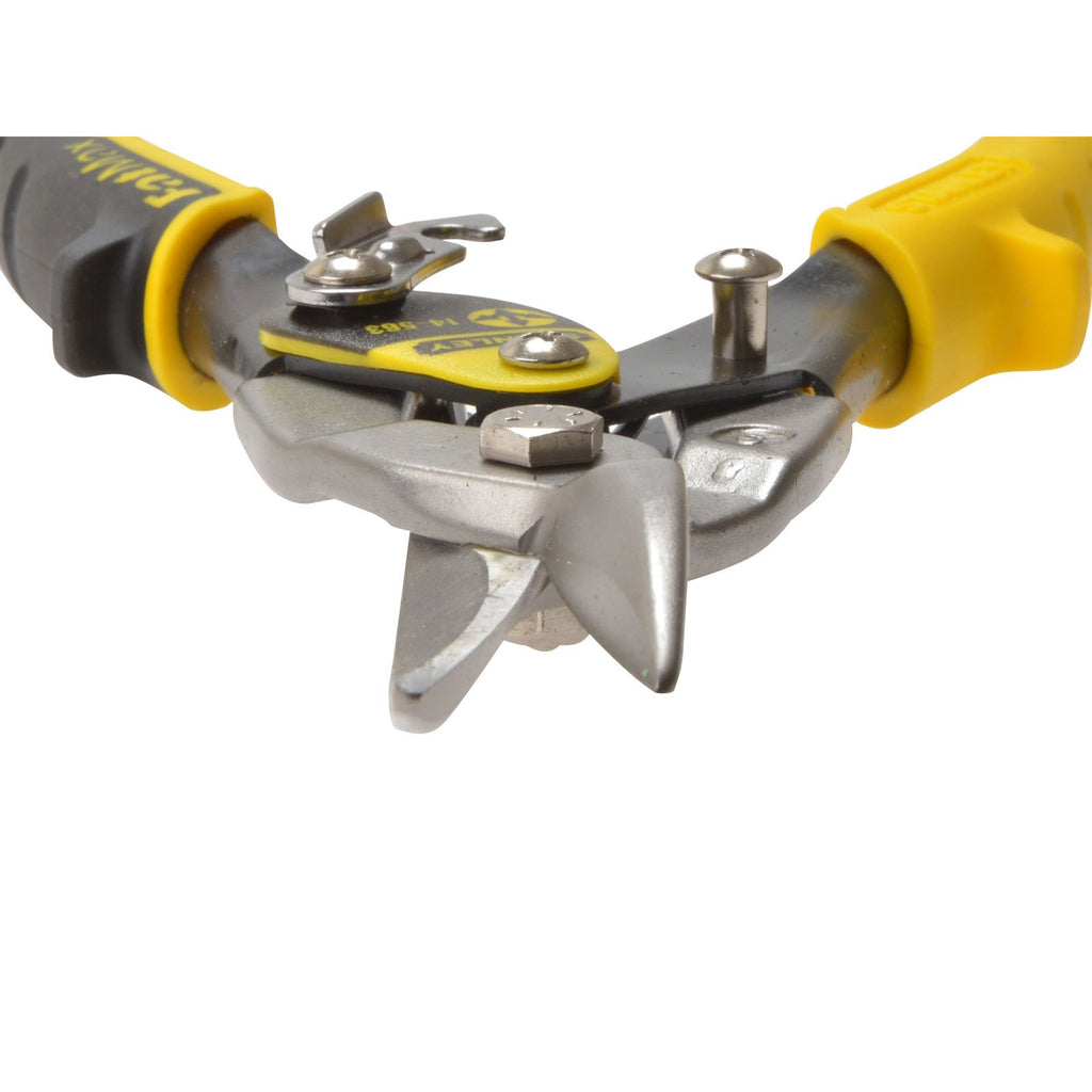 Stanley Maxsteel Blechschere (mit Durchlauf links, 250 mm Länge, Bi-Material Kunststoffhandgriff, chromveredelt, Einhandbedienung) 2-14-567 Red - Offset Left Cut