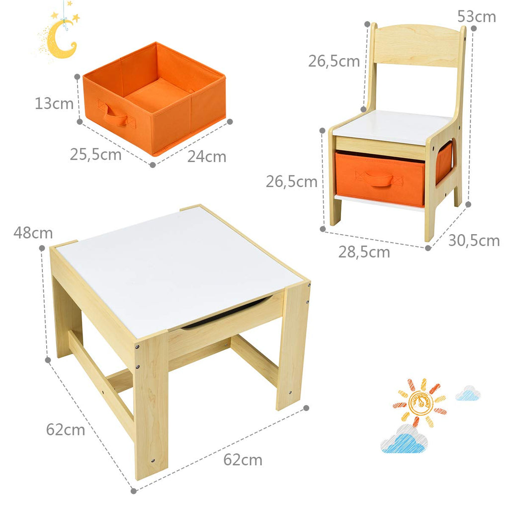 GOPLUS 3tlg. Kindersitzgruppe, 1 Kindertisch mit 2 Stühle, Kindermöbel Set aus Holz, Kindertischgruppe Indoor mit Stauraum, Maltisch für Kleinkind Mädchen Jungen