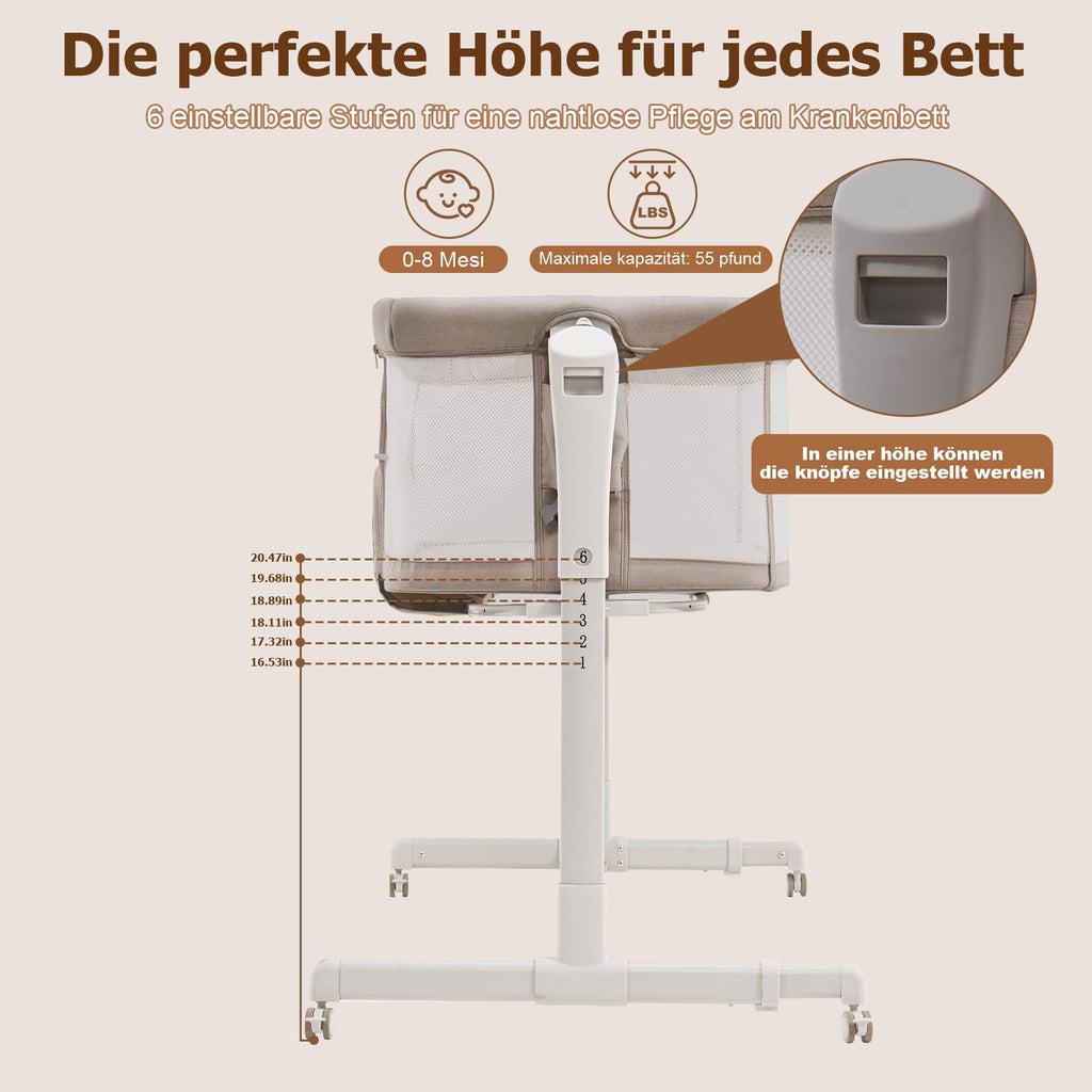 SANEWE Beistellbett Babybett - Stubenwagen Baby Bett mit Rollen Federwiege für Babys - Reisebett Set - Ausziehbares Kinderbett - Sicherer Schlafplatz für Kleinkinder