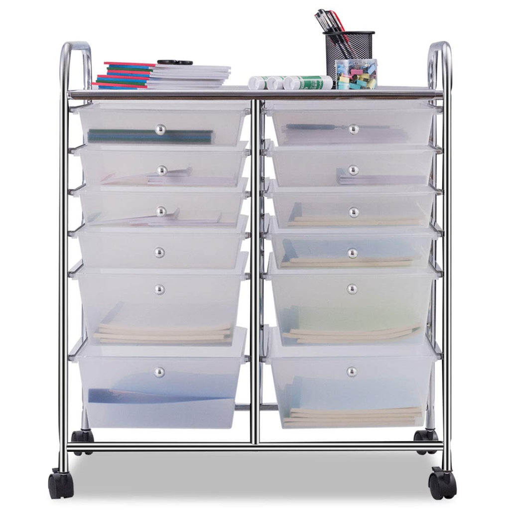 COSTWAY Rollwagen mit 12 stapelbaren Schubladen, Schubladenwagen Rollcontainer mit Metallgestell und Ablagefläche, Badrollwagen Aufbewahrungswagen für Büro, Wohnzimmer (Transparent)