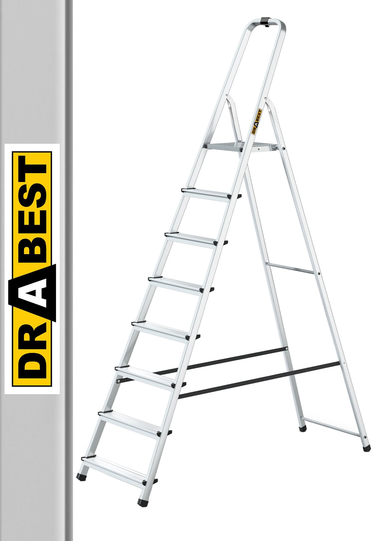 DRABEST Stehleiter 8 Stufen Klapptrittleiter Alu Leiter, Haushaltsleiter Belastbar bis 125 kg kostenloser Haken