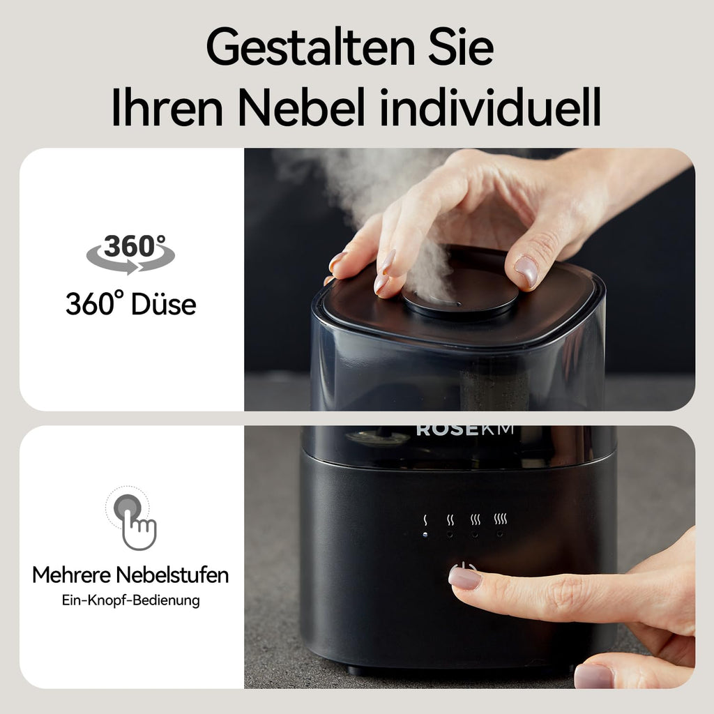 Roeskm Luftbefeuchter für Schlafzimmer, Kühlmist-Luftbefeuchter für zuhause, Pflanzen und Babyzimmer, leiser ultraschallbasiert mit 360°-Düse, automatischer Abschaltung, ohne Filter, schwarz
