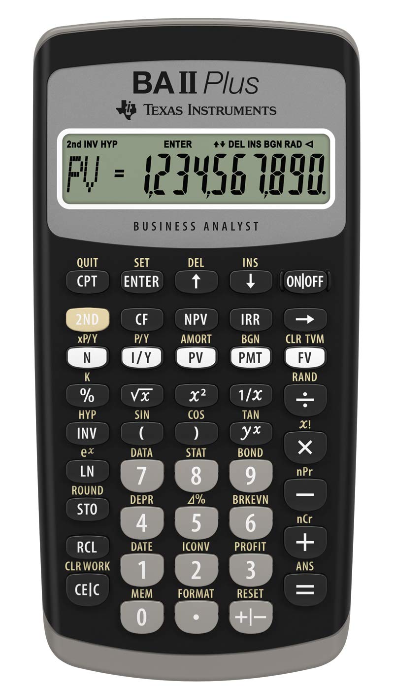 Texas Instruments BA II Plus Finanzrechner (Einzeiliges, 10-stelliges Display, Batteriebetrieb) Schwarz-Grau