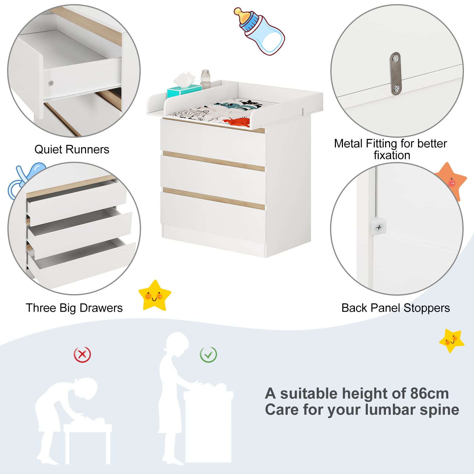 WOLTU Wickelkommode mit Wickelaufsatz, Wickeltisch, Kommode mit 3 Schubladen, Wickelaufsatz abnehmbar, mit Kippschutz, 86 cm für Lendenwirbelschutz, Weiß+Eiche