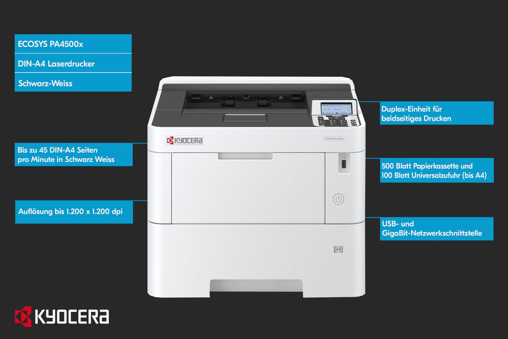 Kyocera Ecosys PA4500x Laserdrucker Schwarz Weiss, Duplex-Einheit, 45 Seiten pro Minute, Laserdrucker mit 100+500 Blatt Zufuhr, Gigabit LAN. Schwarz-Weiss-Drucker mit Mobile Print