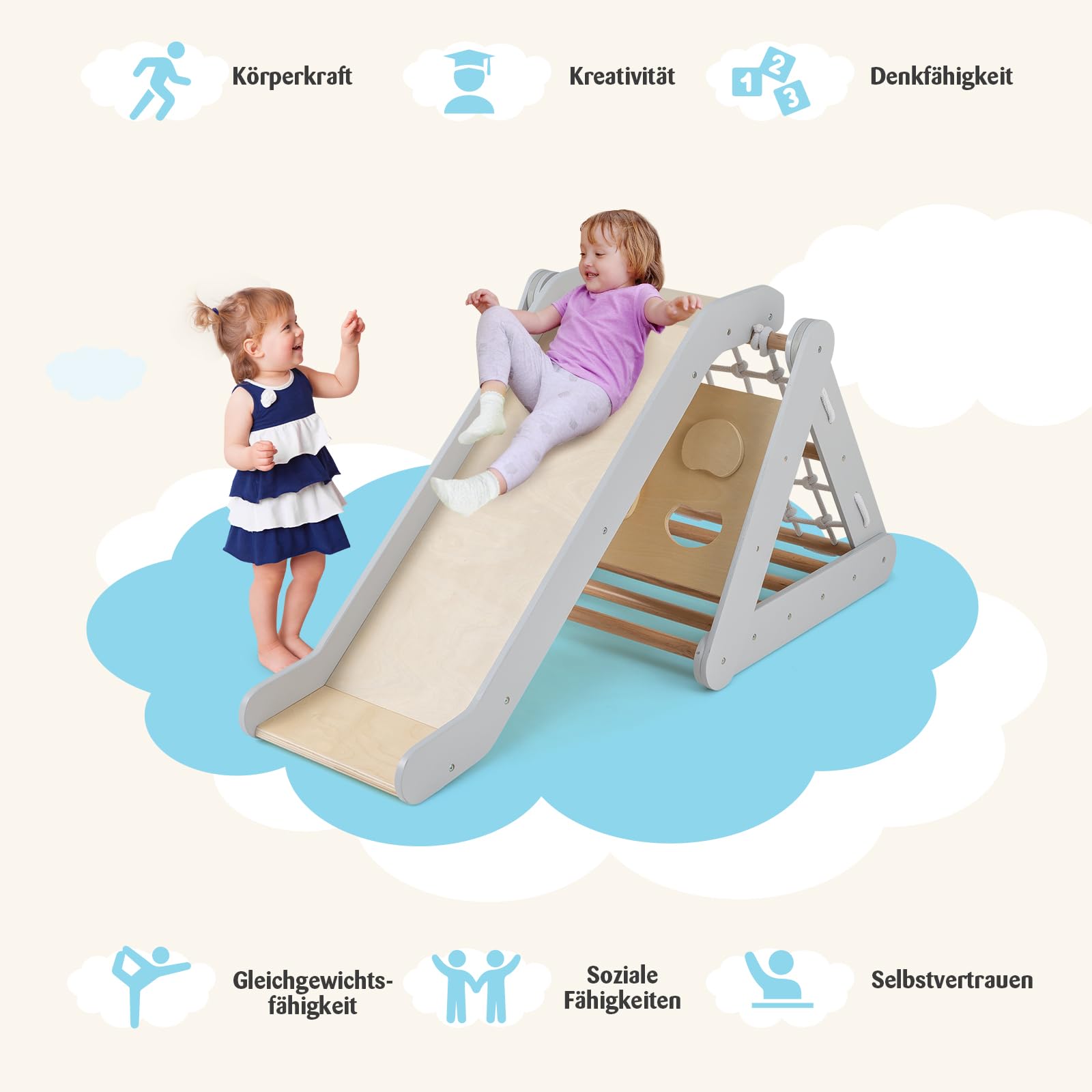 COSTWAY 4 in 1 Kletterdreieck mit Rutsche, Klettergerüst aus Holz, Sprossendreieck zum Rutschen und Klettern, für Kinder ab 1 Jahre (Grau)