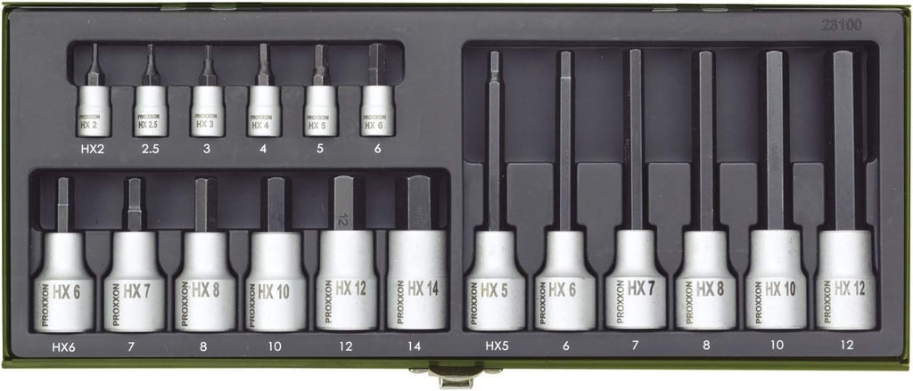 PROXXON Spezialsatz für Innensechskantschrauben, Für 1/4"-Vierkantantrieb und 1/2"-Vierkantantrieb, 18-teiliges Werkzeug-Set mit Stahlkasten, 23100