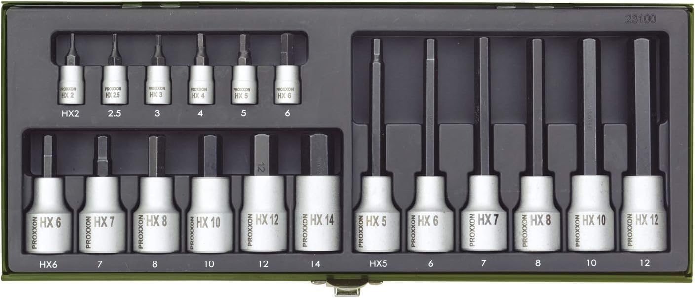 PROXXON Spezialsatz für Innensechskantschrauben, Für 1/4"-Vierkantantrieb und 1/2"-Vierkantantrieb, 18-teiliges Werkzeug-Set mit Stahlkasten, 23100