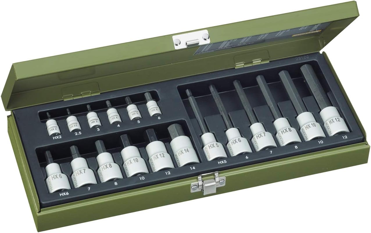 PROXXON Spezialsatz für Innensechskantschrauben, Für 1/4"-Vierkantantrieb und 1/2"-Vierkantantrieb, 18-teiliges Werkzeug-Set mit Stahlkasten, 23100