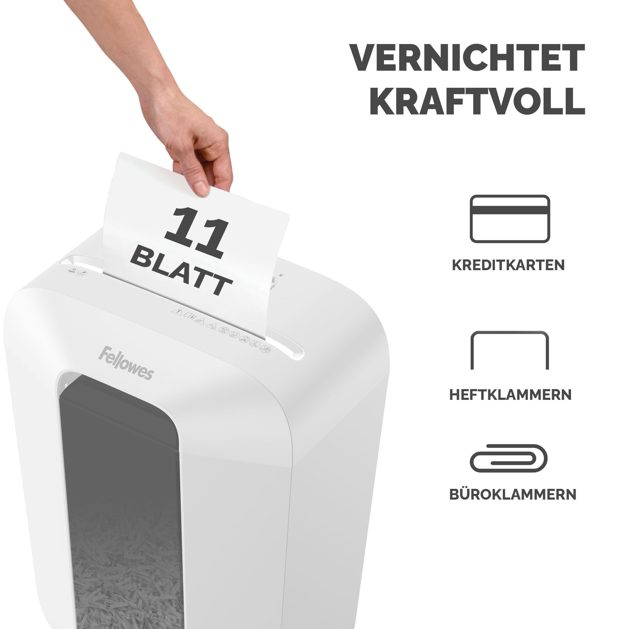Fellowes Aktenvernichter 11 Blatt (P4), Papierschredder mit Partikelschnitt für Homeoffice und Büro, Powershred LX70, Schredder mit 18L Papierkorb und Sicherheitssperre, 4x40mm Cross-Cut Datenschutz