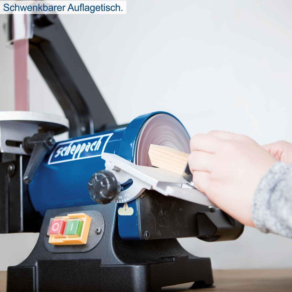 Scheppach BTS700 Bandschleifer (Tellerschleifer, 250W, Bandlänge 762mm-breite 25,4mm, SchleiftellerØ 125mm, 90°-45° verstellbarer Tisch, Geschwindigkeit 816m/min)