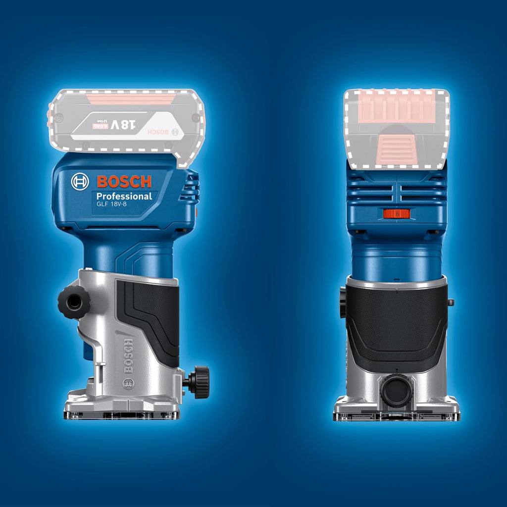 Bosch Professional 18V System Akku-Kantenfräse GLF 18V-8 (Parallelanschl., Saugadapter Oberflächenfr. & Kantenfr., Rollenführung bündiges Schneiden, 8mm-Spannz., Spannschl., L-BOXX, o. Akku/Ladeger.)
