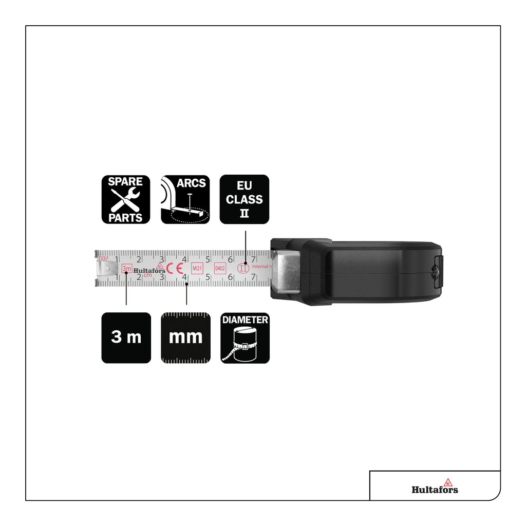 Talmeter Bandmaß 3 Meter I Hultafors I 7-in-1 Massband mit patentierter Zusatzfunktion für Innen- und Aussenmessungen I Genauigkeitsklasse II I Made in EU I 359203